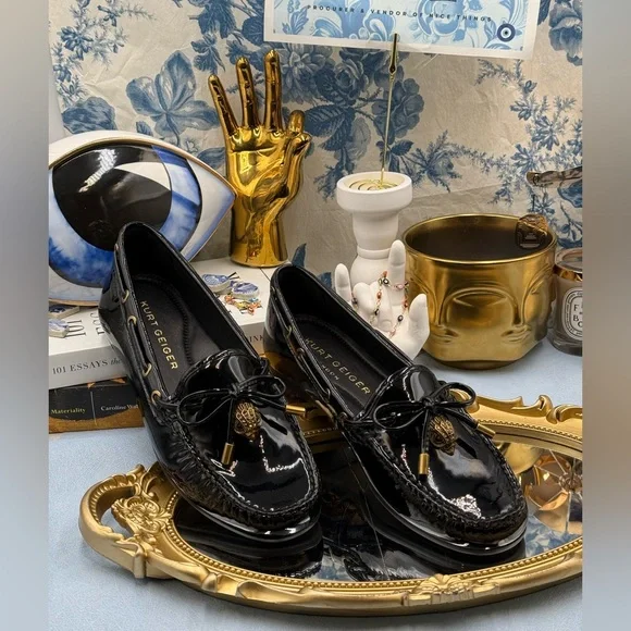 🆕 KURT GEIGER LONDON 🧿 NWOB Eagle Moccasins, Black Patent - Sz EU37 US 7